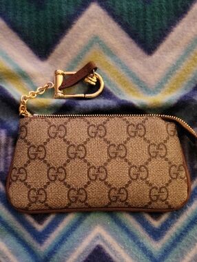 Beige/Brown GG Monogram Wrist Pouch with Gold Chain